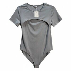 NWT | MANGOPOP Grey Short Sleeve Cut-Out Crew Neck Bodysuit | Modern Chic | XL